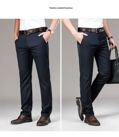 Pantalones casuales de seda helada para hombre, de negocios, formales, de verano, finos, rectos y holgados, para hombres de mediana edad.