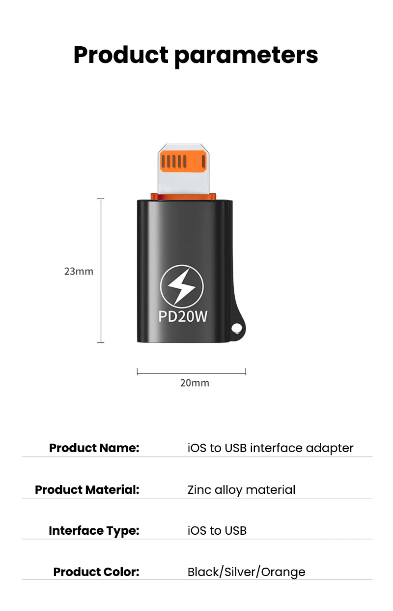 USB 3.0 to Lightning Adapter OTG For iPhone iPad Tablet U Disk Lighting Male to USB Female Converter PD 20W Fast Charging Otg