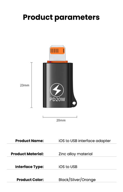 USB 3.0 to Lightning Adapter OTG For iPhone iPad Tablet U Disk Lighting Male to USB Female Converter PD 20W Fast Charging Otg