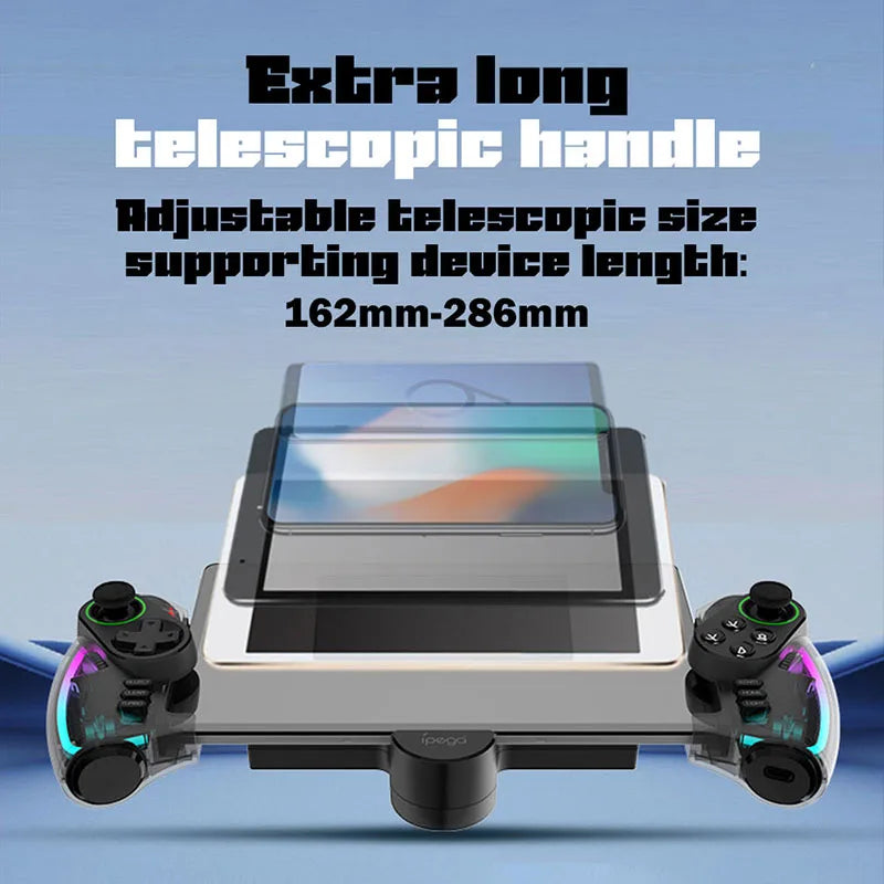 Mando Bluetooth Ipega PG-9777S para Nintendo Switch, Android, iOS, iPad y PC con luz RGB, vibración lineal y control extensible.