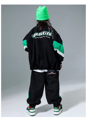 Hip Hop Girls Contrast Bomber Jacket Sport Pants Boys Street Dance Coat Streetwear Kids Jazz Clothes Set Children School Uniform
