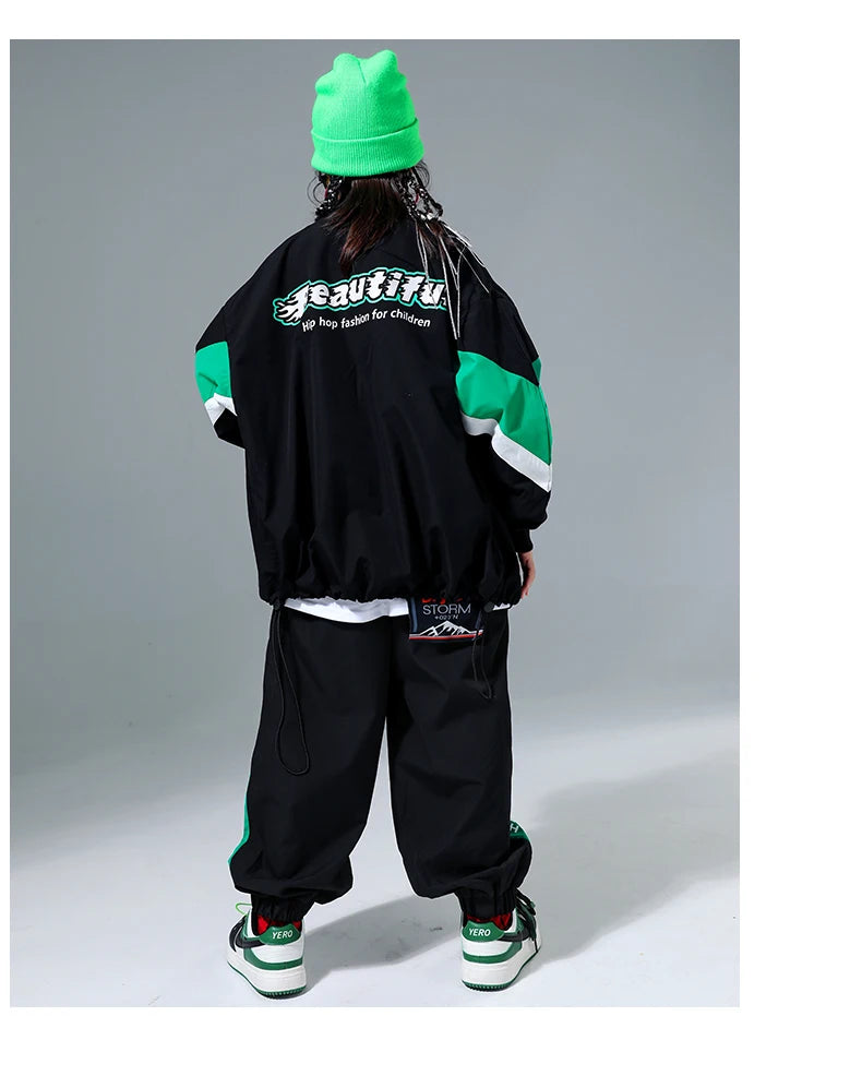 Hip Hop Girls Contrast Bomber Jacket Sport Pants Boys Street Dance Coat Streetwear Kids Jazz Clothes Set Children School Uniform