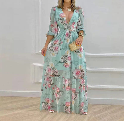 Maxi Dress for Women V-Neck Sleeveless Floral Printed Lantern Sleeve Large Swing Skirt High Waist Loose Dresses 2024 Summer New