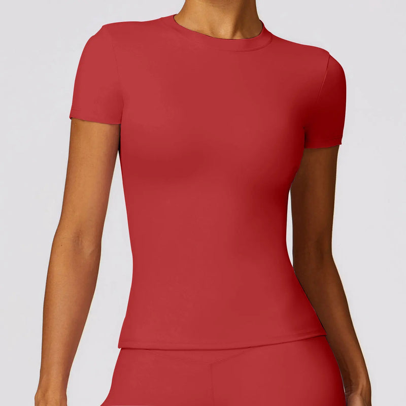 NCLAGEN - Camiseta deportiva para mujer, para correr, de verano, de manga corta, cuello redondo, transpirable, elástica, para gimnasio, yoga, fitness, ajustada, activa