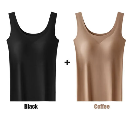 2 piezas/lote de camiseta sin mangas de seda sin costuras con almohadilla fija en el pecho para mujer, camisola sin mangas, ropa interior exterior, camisola de verano de alta elasticidad