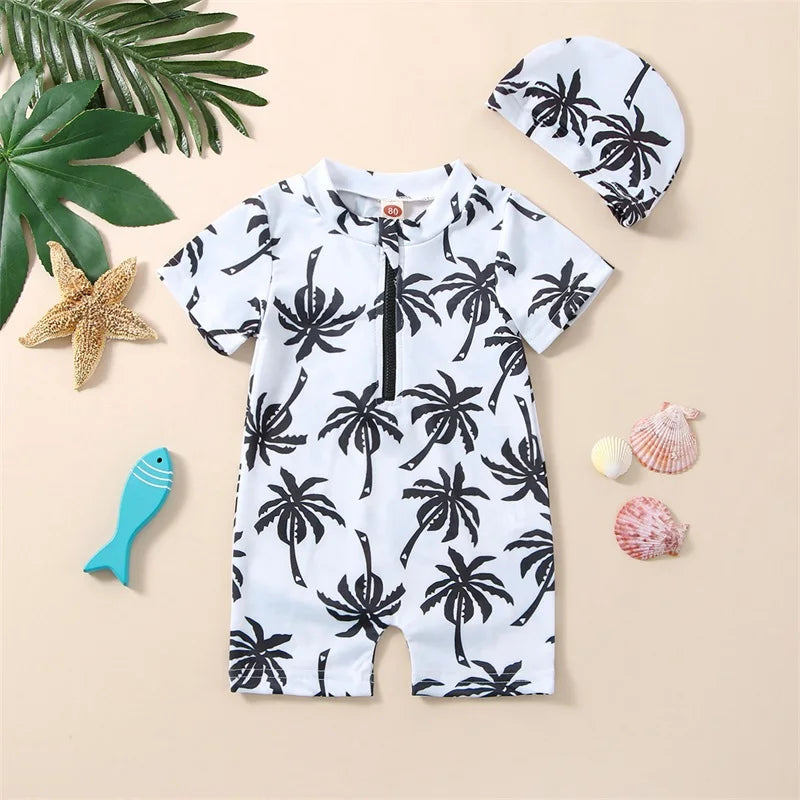 Newborn Baby Infant Boys Swimsuit with Hat Cartoon Tree Print Short Sleeve Round Neck Half Zipper Jumpsuit Bathing Suit