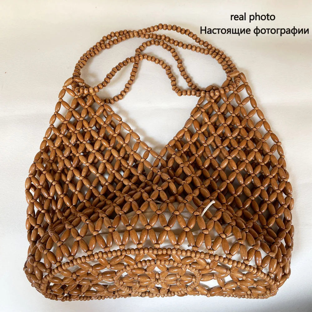 Handmade Woven Beaded Handbag For Women Exquisite Hollow-out Wooden Beaded Shoulder Bag Female Beach Bag
