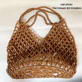 Handmade Woven Beaded Handbag For Women Exquisite Hollow-out Wooden Beaded Shoulder Bag Female Beach Bag