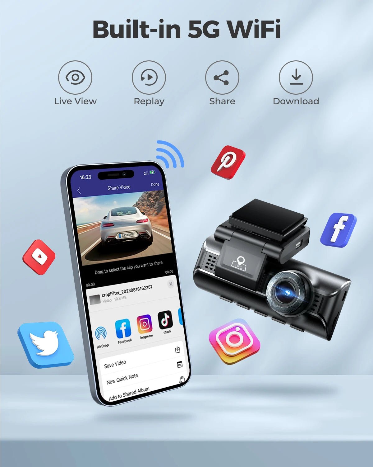 AZDOME M550 Pro 5.8Ghz WiFi 3 Channel Dash Cam 4K+1080P Built-in GPS 3.19" IPS Screen Car DVR IR Night Vision 24H Parking Mode