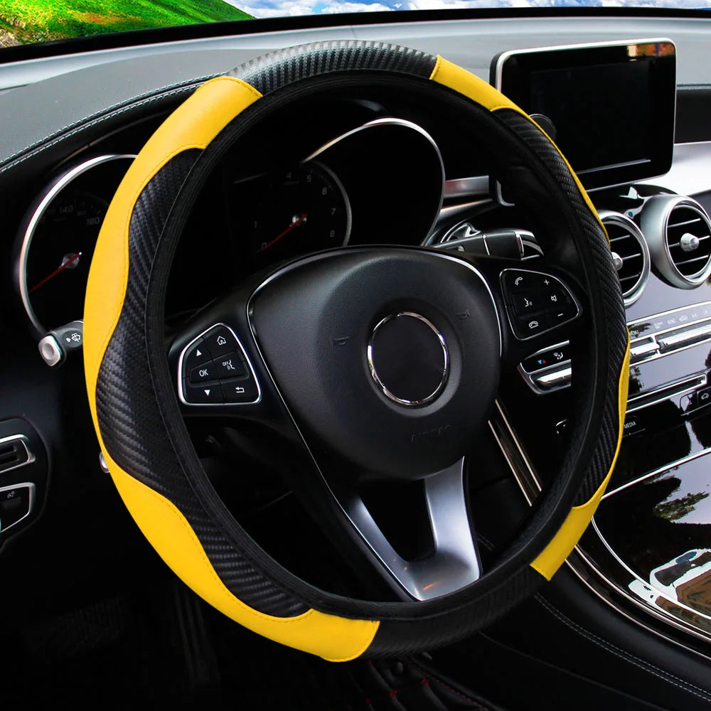 PU Carbon Fiber Leather Car Steering Wheel Cover without Inner Ring Suitable for 14.5-15 Inches Auto Supplies