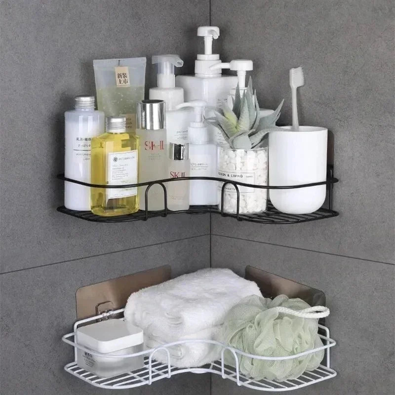 Estante organizador de baño de esquina, estantes de almacenamiento de esquina montados en la pared, soporte para champú, estante para cosméticos, cesta de drenaje de ducha de hierro
