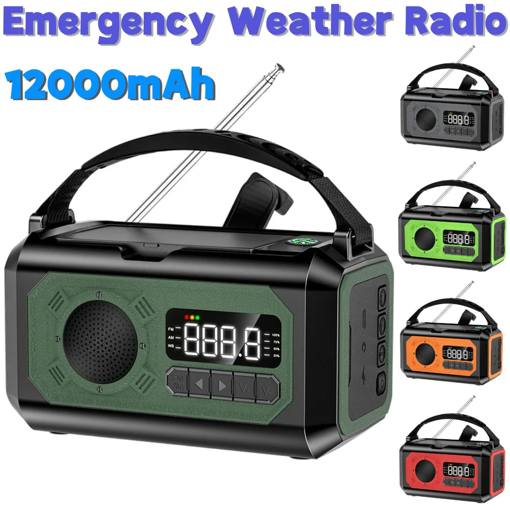 Radio multifunción solar de 12000 mAh con manivela, radio meteorológica de emergencia, lámpara de lectura, banco de energía, alarma SOS para acampar, senderismo, tiendas de campaña
