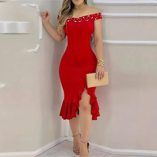 Plus Size 2024 New Amazon Off-Shoulder Dress Fashionable Women's Sexy Ruffle Edge Dress Plus Size Ladies Clothing