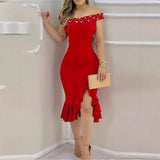 Plus Size 2024 New Amazon Off-Shoulder Dress Fashionable Women's Sexy Ruffle Edge Dress Plus Size Ladies Clothing