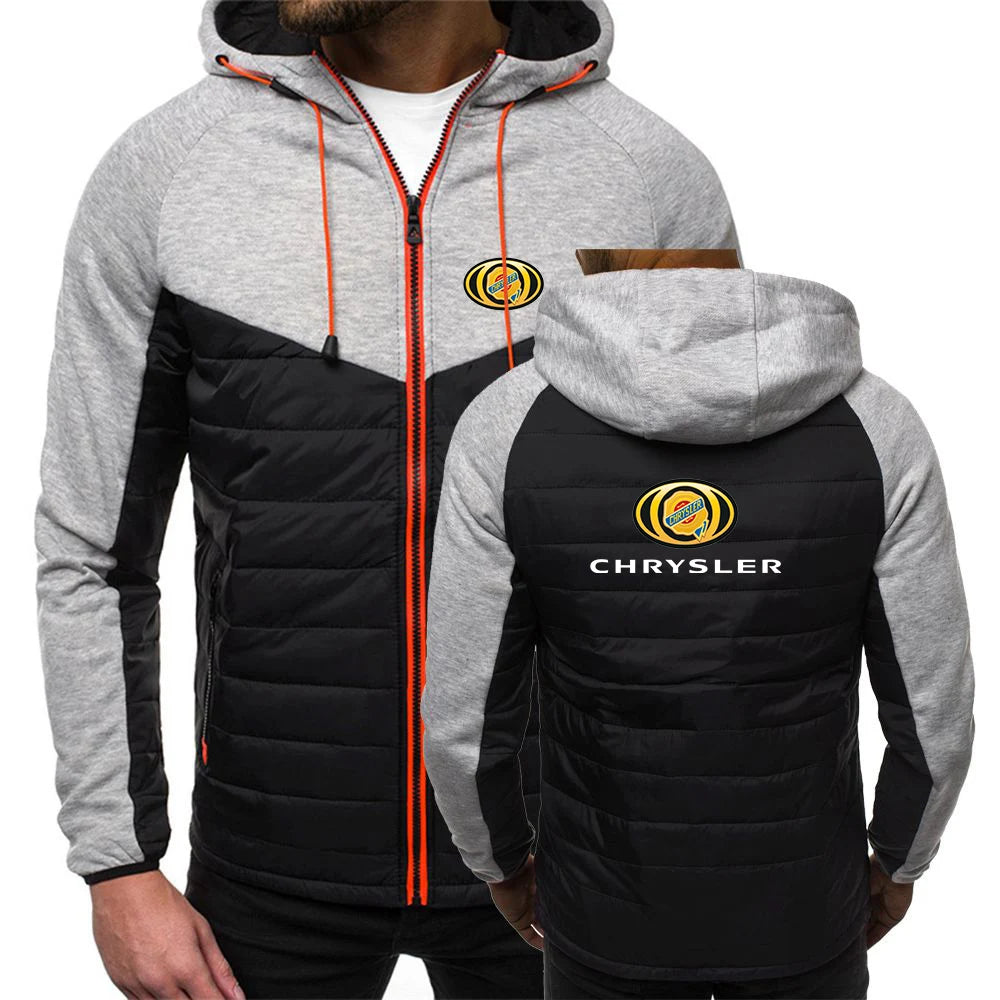 CHRYSLER 2022 Men's New Winter Hooded Cotton Jacket Casual Slim Fit Patchwork Zipper Coat Long Sleeves Warm Oversized Coat Tops