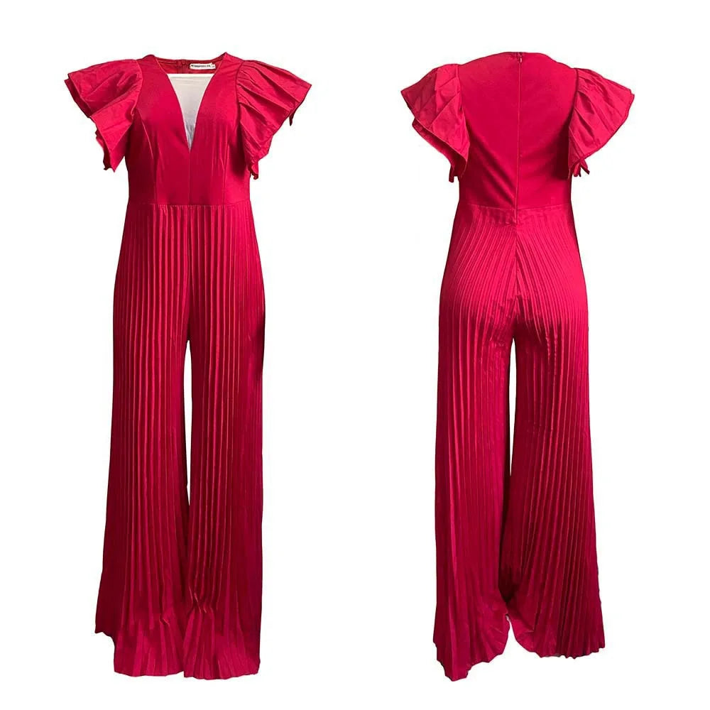 Elegant Pleated Jumpsuits & Rompers for Women V Neck Ruffles High Waisted Loose Floor Length Luxury Female Birthday Party Romper