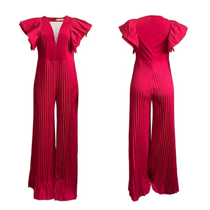 Elegant Pleated Jumpsuits & Rompers for Women V Neck Ruffles High Waisted Loose Floor Length Luxury Female Birthday Party Romper