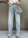 BKQU - Pantalones vaqueros rectos y holgados para mujer, cintura alta, pierna ancha, con diamantes de imitación, largos, moda urbana 2021, pantalones brillantes con diamantes