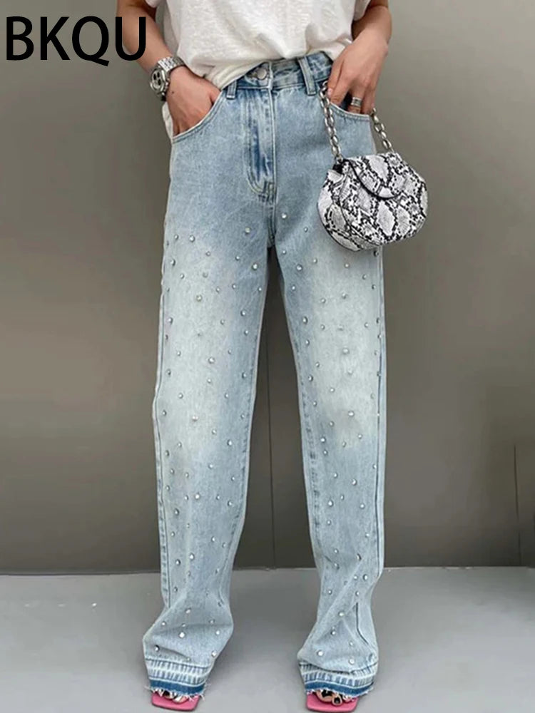 BKQU - Pantalones vaqueros rectos y holgados para mujer, cintura alta, pierna ancha, con diamantes de imitación, largos, moda urbana 2021, pantalones brillantes con diamantes