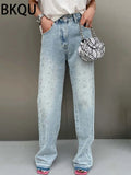 BKQU - Pantalones vaqueros rectos y holgados para mujer, cintura alta, pierna ancha, con diamantes de imitación, largos, moda urbana 2021, pantalones brillantes con diamantes