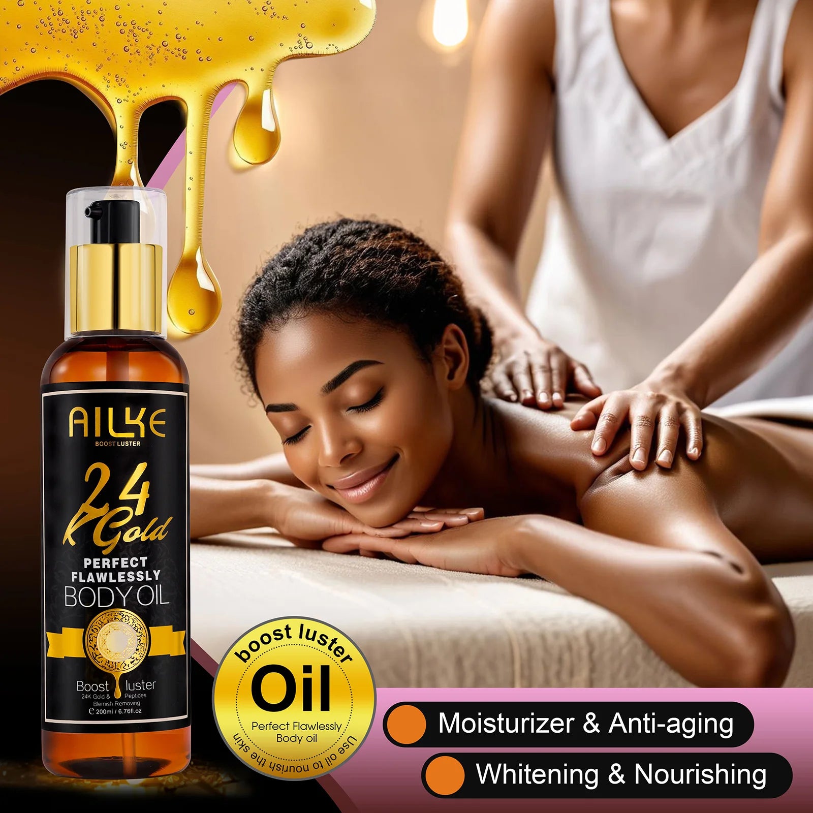 AILKE 24K Gold Flawlessly Skin Care Set, Whitening, Reduces Dark Spots, Pigmentation, Wrinkles, Moisturizes, For All Skin Types