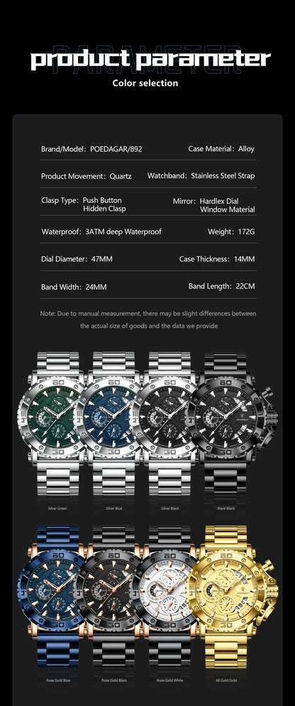 POEDAGAR Luxury Watch For Men Calendar Luminous Waterproof Man Clock Male Chronograph Stainless Steel Men's Quartz Watches Reloj