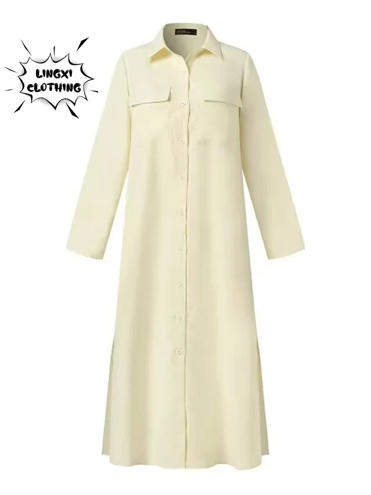2024 primavera/verão moda feminina novo elegante plus size manga comprida botão elegante vestido de algodão linho único breasted robe