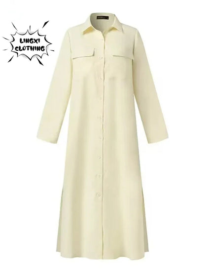 2024 primavera/verão moda feminina novo elegante plus size manga comprida botão elegante vestido de algodão linho único breasted robe