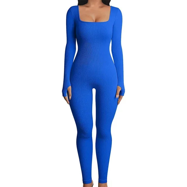 Monochrome Ribbed Knit Bodycon Jumpsuit for Women Long Sleeve Square Neck Skinny Romper Jumpsuit Yoga Workout Sport 