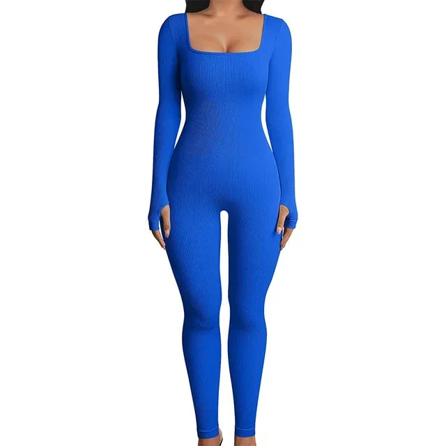 Macacão bodycon de malha monocromático com nervuras para mulheres, manga comprida, gola quadrada, macacão magro, macacão ioga, treino, esporte