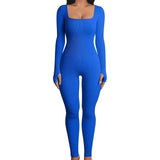 Monochrome Ribbed Knit Bodycon Jumpsuit for Women Long Sleeve Square Neck Skinny Romper Jumpsuit Yoga Workout Sport 