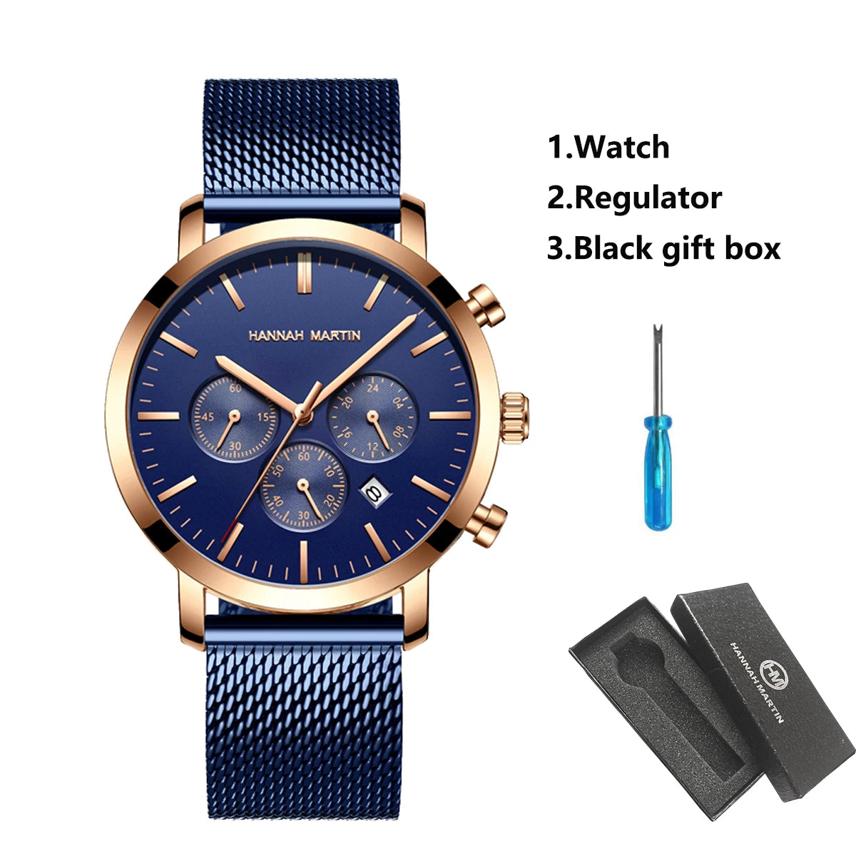 HANNAH MARTIN Brand Men Watch Black Stainless Steel Waterproof Fashion Sports Multifunctional Quartz Wristatch Relogio Masculino