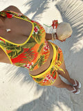 Ladies plus Size Tropical Vacation Fashion Print Tie-Neck Top And Sporty Casual Printed Shorts Two-Piece Set