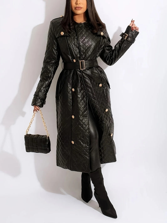 Abrigo largo de piel sintética negra con doble botonadura y diseño lujoso de invierno para mujer, gabardina de calle de calidad con cinturón y talla grande.