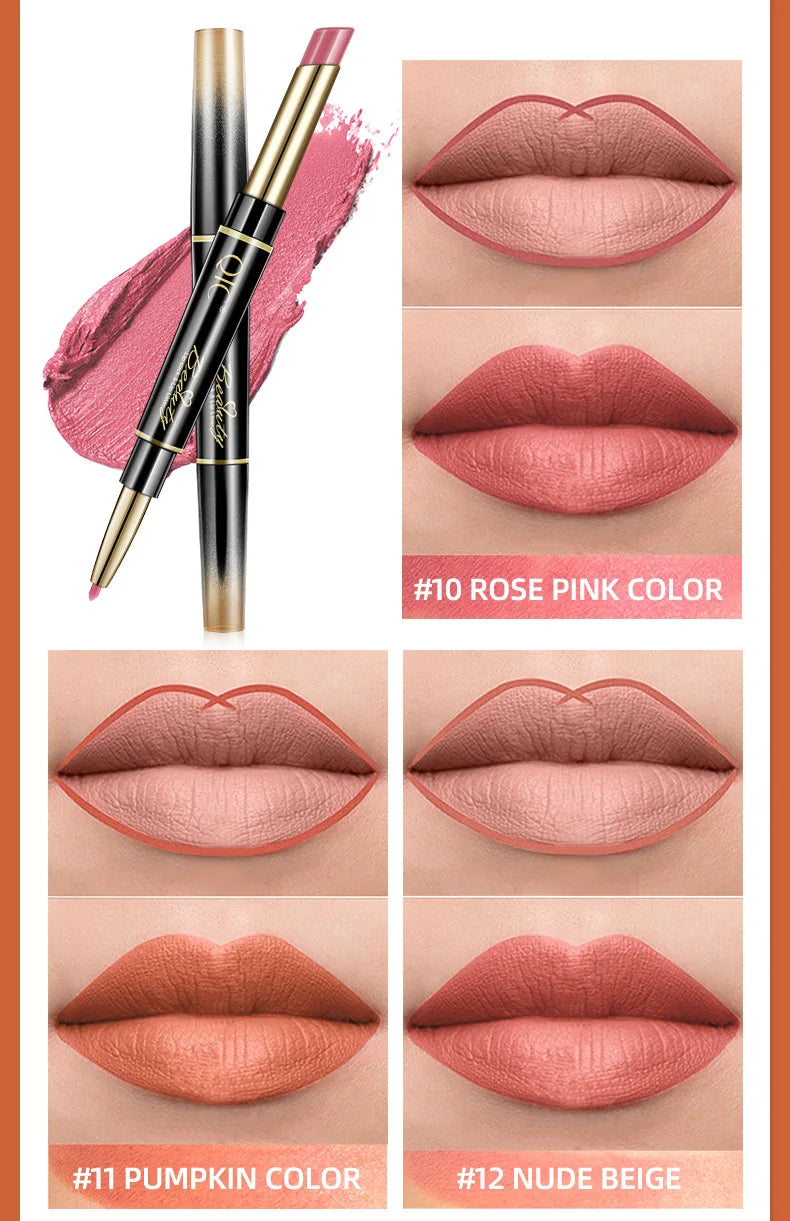 Delineador de labios 2 en 1, resistente al agua, mate, lápiz labial, rojo sexy, de larga duración, maquillaje, cosméticos