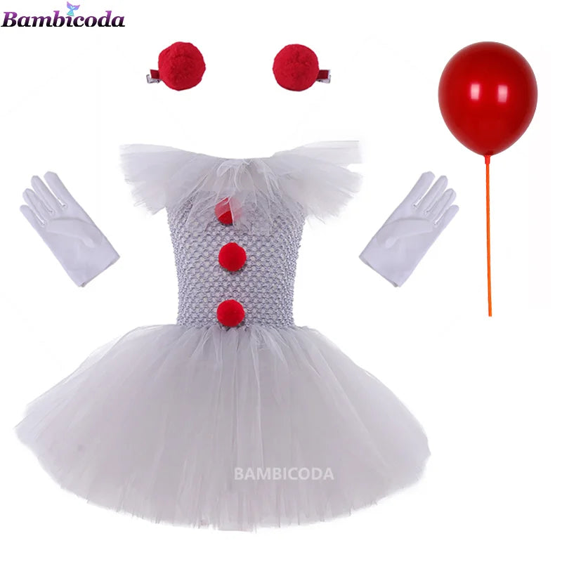 Gray Joker Girls Halloween Costume Tutu Dress Creepy Clown Kids Carnival Party Cosplay Clothing Children Tulle Fancy Dress 2-12Y