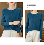 100% Merino Wool Long Sleeve Sweaters Cashmere Cardigan Spring Autumn Women O-Neck Knitwear Tops Clothing Fashion Basic Tops