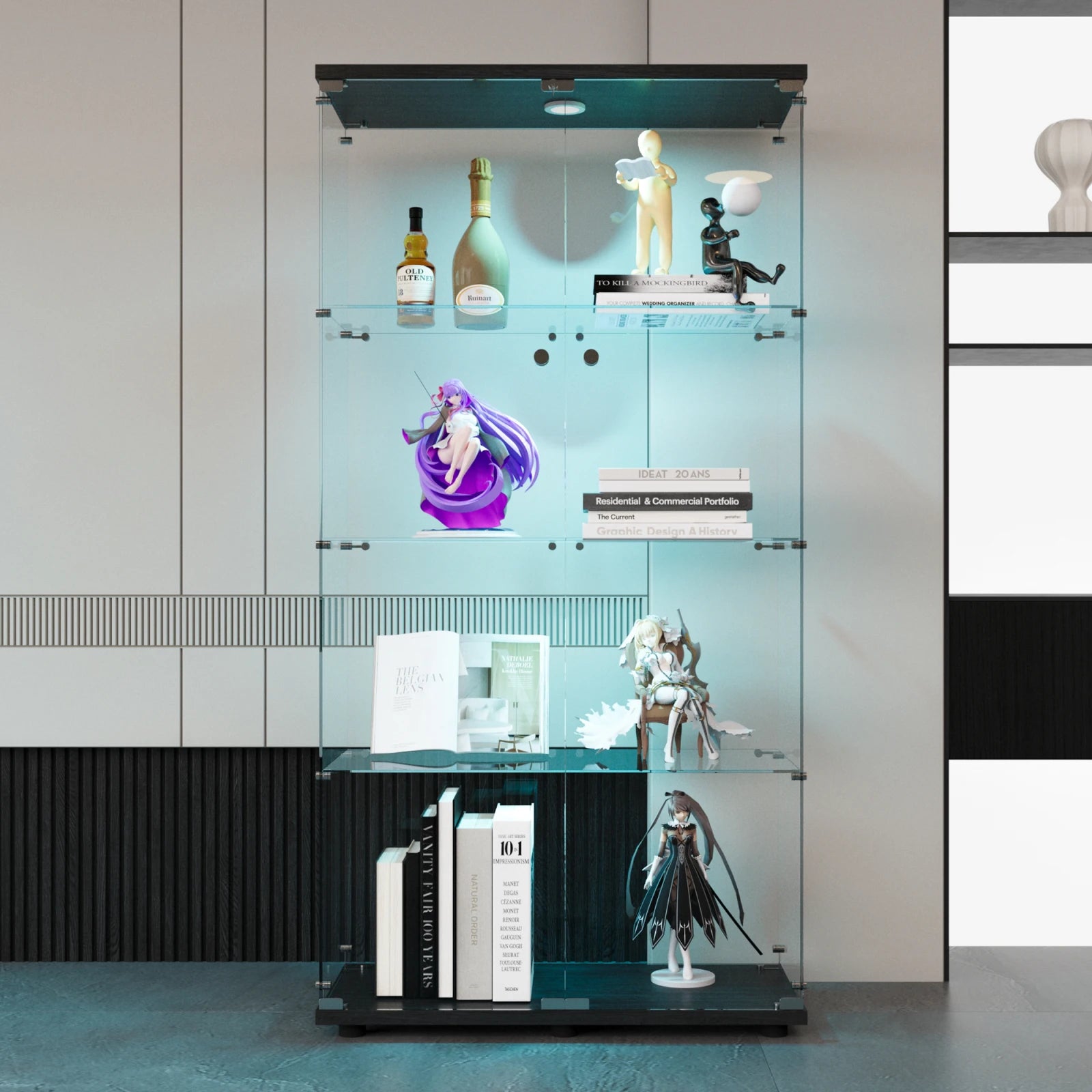 Anajqaqia Glass Display Cabinet with LED Light, with 4 Shelves 2 Doors, 80.49x36.49x163.9cm, Black