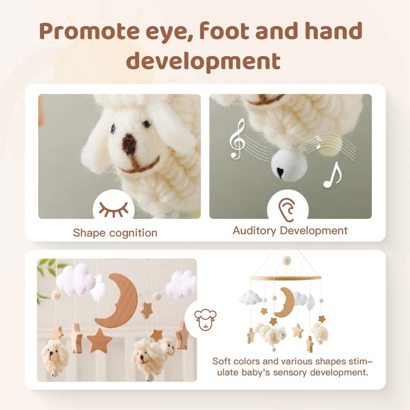 Crib Mobile Bed Bell Wooden Baby Rattles Soft Felt Cartoon Animal Bed Bell Newborn Music Box Hanging Toy Crib Bracket Baby Gifts