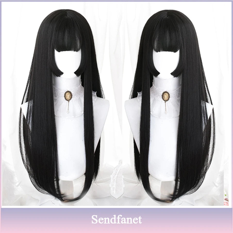 AS Long Straight Black Synthetic Wig For Women With Bangs Black Cosplay Lolita Wigs Heat Resistant Natural Hair