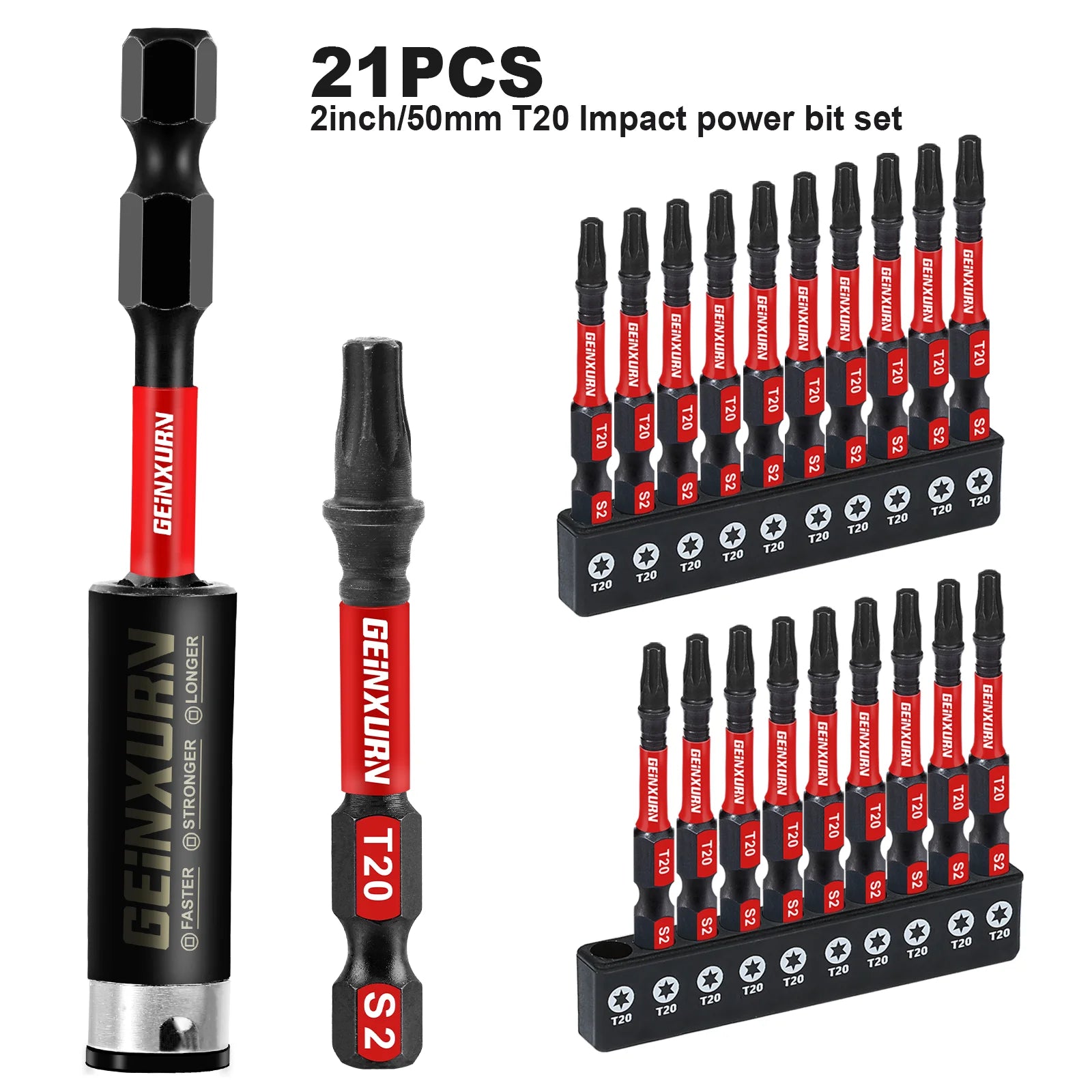 Juego de puntas de destornillador Torx magnético de impacto Geinxurn de 2 pulgadas, n.° 20, de acero de aleación S2, juego de puntas de potencia T20 con base