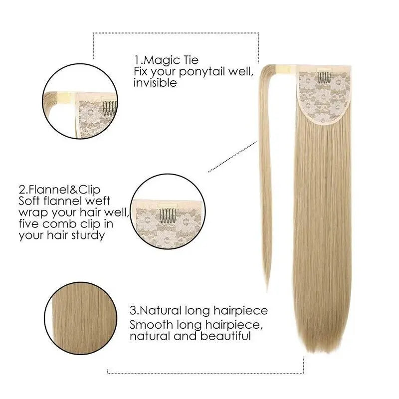 22 Polegada extensões de cabelo de rabo de cavalo reto sintético resistente ao calor envoltório em torno de pônei peruca para uso diário feminino