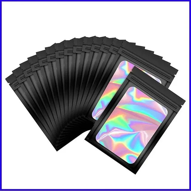 50pcsGross Mylar Bags Smell Proof Holographic Laser Color Plastic Packaging Pouch Jewelry Storage Retail Bag Gift Zip Lock Bag 