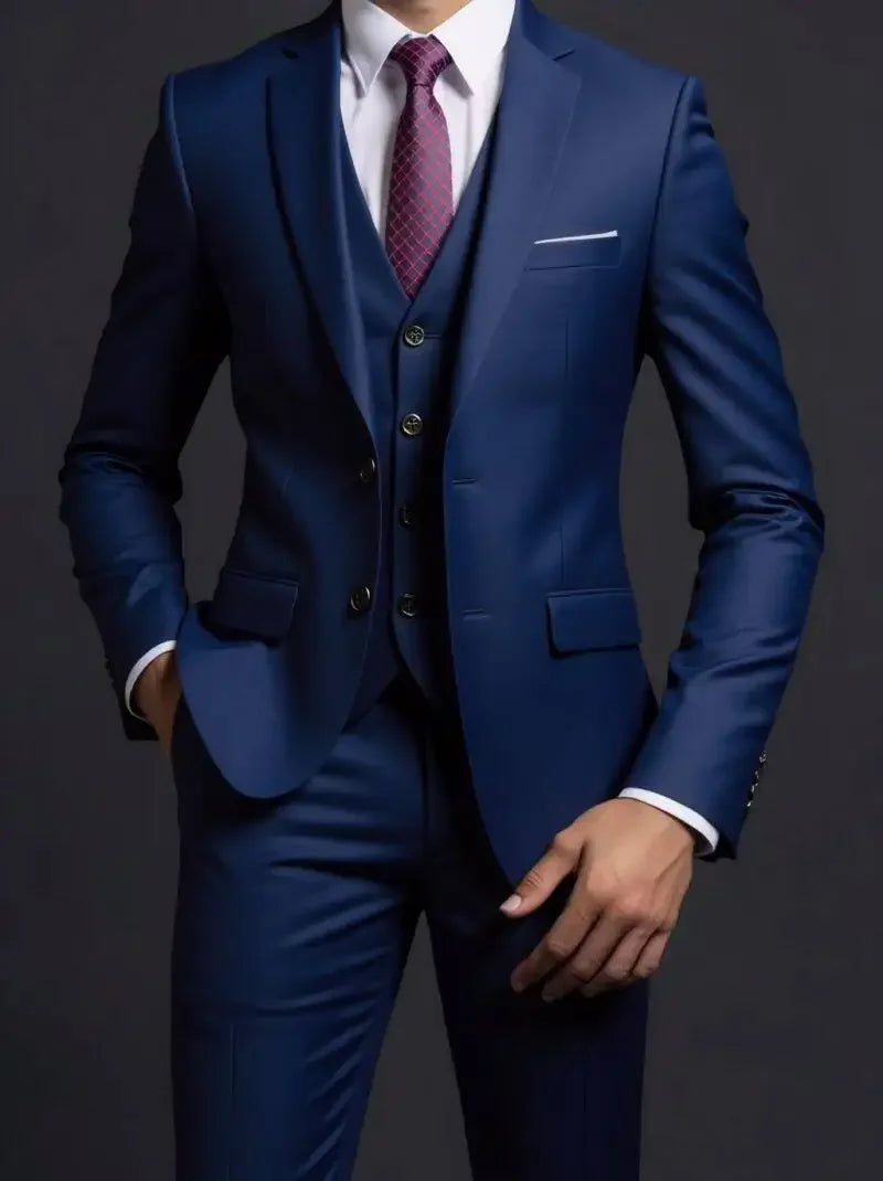 Men's Fashionable Gentleman Business British Style Solid Color Banquet Host Casual Wedding Suit (Blazer + Vest + Trousers)