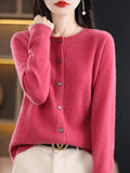 Long Sleeve 100% Merino Wool Sweaters Cashmere Cardigan Spring Autumn Women O-Neck Knitwear Tops Clothing Fashion Basic Tops