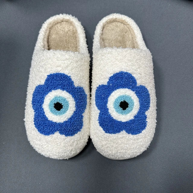 Pantuflas de felpa cálidas de invierno con diseño de ojos malvados pequeños azules retro de AD Ins, zapatos cómodos de moda 
