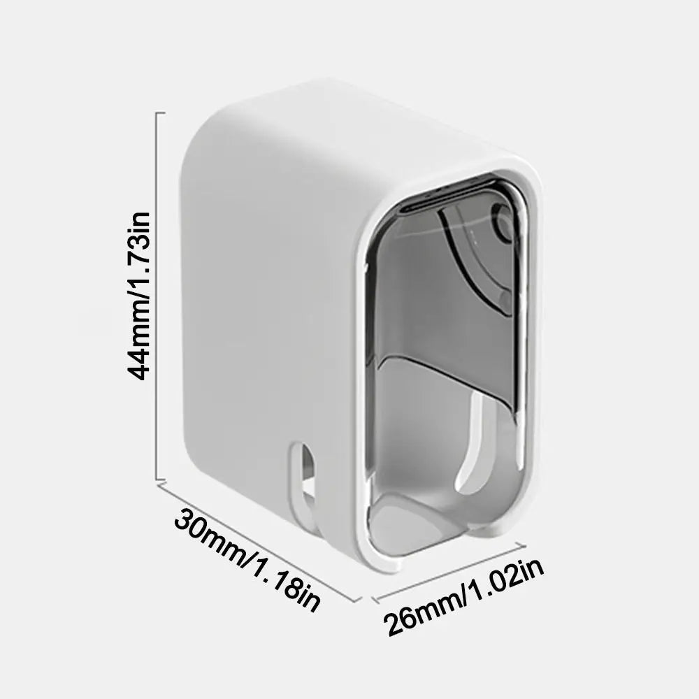 Suporte portátil para escova de dentes à prova de poeira com tampa basculante, fixação na parede e estojo de armazenamento.