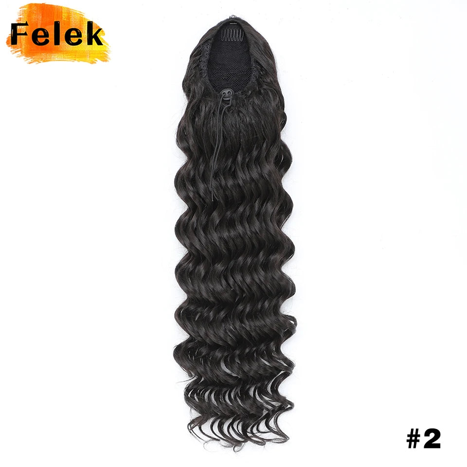 Aplique rabo de cavalo ondulado longo 60 cm ajuste fácil com cordão drawstring