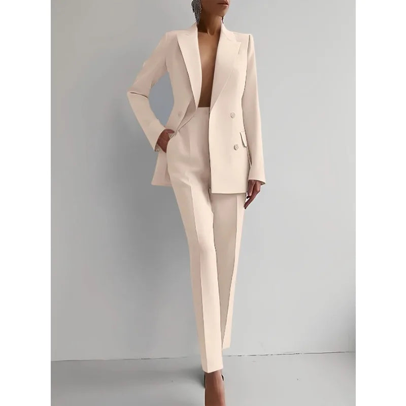 Women New 2pcs Clothes Set Solid Color Long Sleeve Blazer Jacket High Waist Long Pants Clothing Suit Summer Fashion Office
