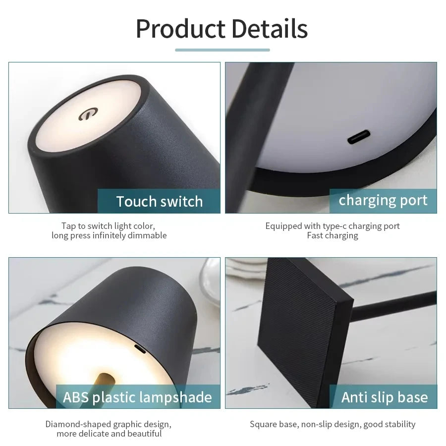 LED Table Lamps 3-Level Dimmable Wireless LED Desk Lamp Touch Bedside Creative Ambient Light USB Rechargeable Bar Outdoor Decor